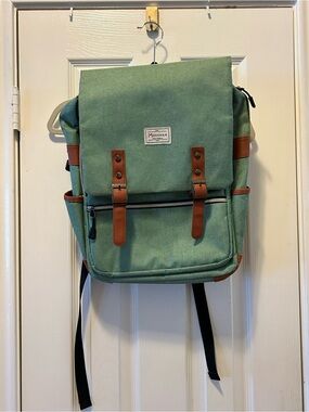 Modoker Sage Green Canvas Backpack with Brown Trim